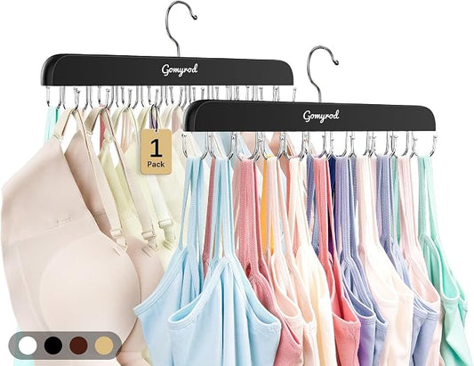 Gomyrod Bra Hanger for Closet, 1 Pack Tank Top Hanger w/20 Hooks Capacity Foldable Wood Space Saving Hangers, 360°Rotating Closet Organizers and Storage for Dorm & Apartment for Bra Scarf Ties(Black)
