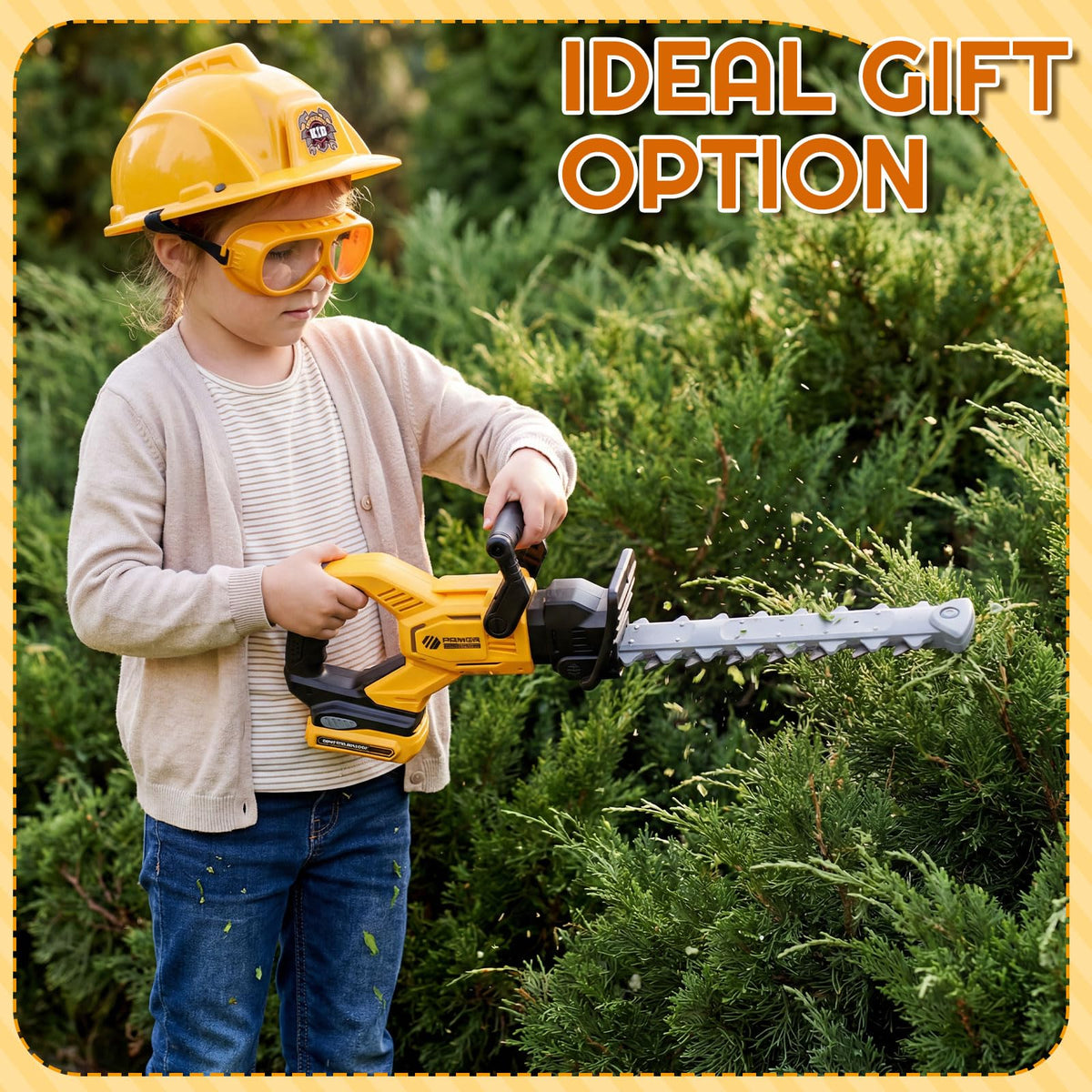 Arrowbash 7 Pcs Kids Gardening Tool Set, Toy Leaf Blower, Chainsaw, Hedge Trimmer, Weed Trimmer with Safety Goggles Helmet Earmuffs, Realistic Outdoor Toys Set with Sound Light for Summer Outdoor
