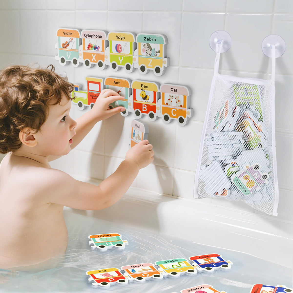iPlay, iLearn Bath Toy Organizer W/Foam Letters, Toddler Bathtub Toy W/Storage Net, 32 Floating Alphabet Train Puzzle Bathtime Shower Water Play, Learning Birthday Gift 3 4 5 6 Year Old Kid Boy Girl