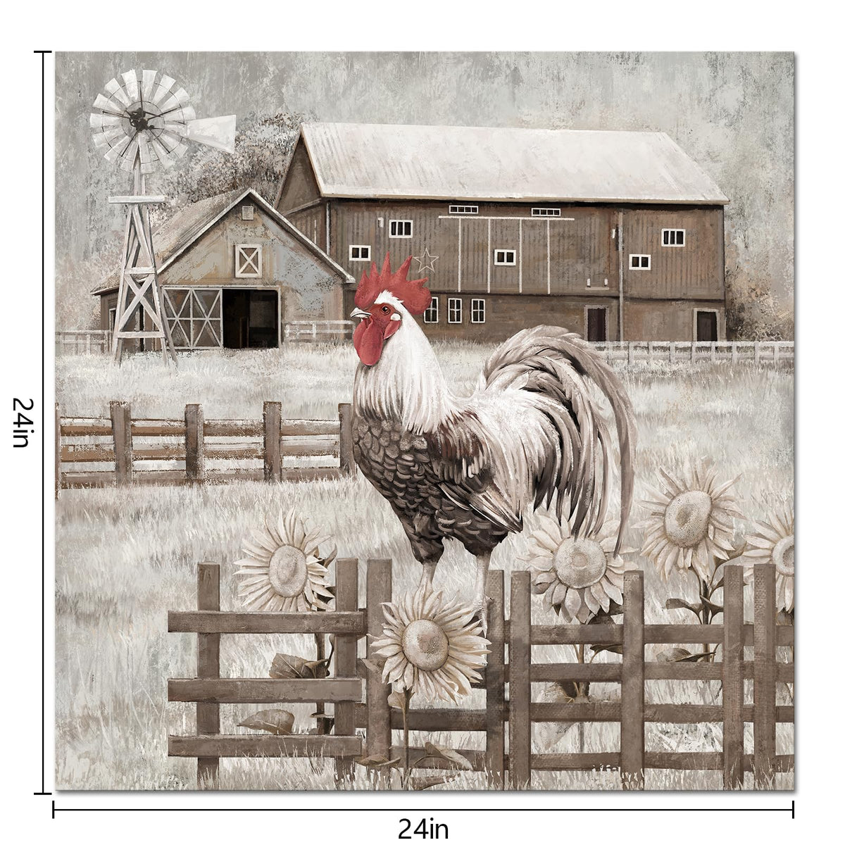 WELMECO Chichen Farmhouse Wall Art Rooster Painting Country Wall Decor Framed Artwork Farm Decor Picture 24x24inch