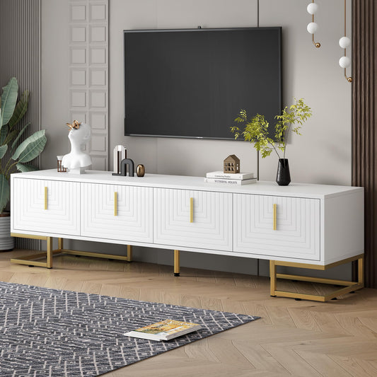 Ball & Cast Modern TV Stand with Storage Cabinets for TVs up to 80", Luxury Media Console w/Metal Legs & Gold Handles,Geometric Lines & Adjustable Shelf,Entertainment Center for Living Room,White