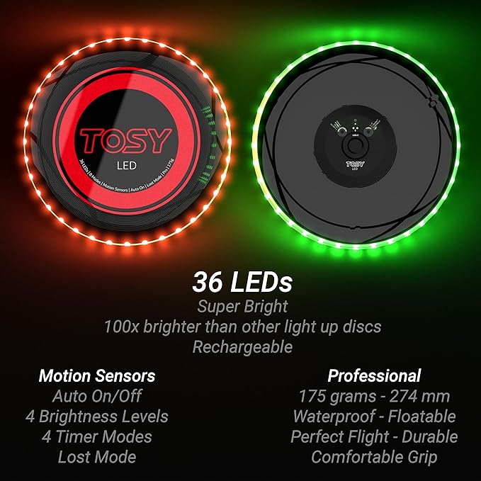 TOSY Flying Disc - 36 Mono-Color LEDs, Extremely Bright, Smart Modes, Camping Essentials for Teens/Kids/Adults/Men/Boys/Girls, Auto Light Up, Rechargeable, Waterproof, 175g