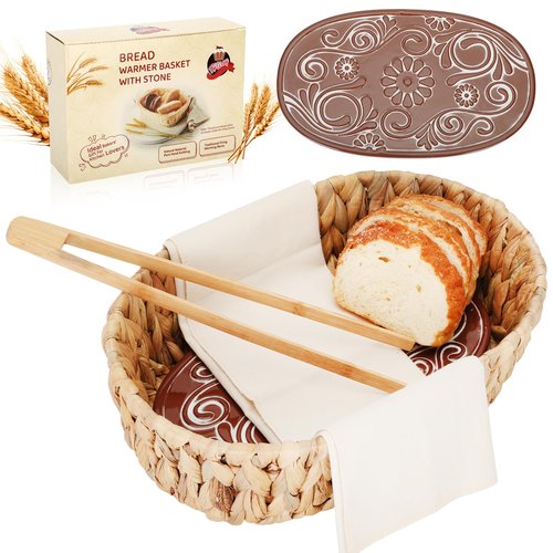 Bread Warmer Basket with Stone, Bread Baskets for Serving Tortilla,Bread Basket with Warming Stone, Ideal Bakers' Gift for Kitchen Lovers, Men & Women, New Homes, 1 Year Full Warranty