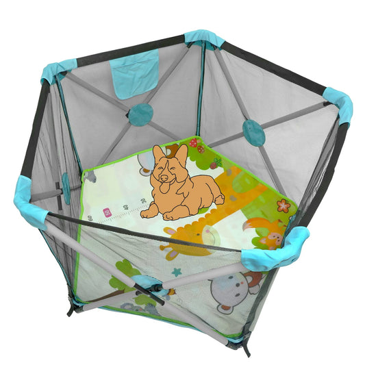 HTTMT- Pentagon Safety Playpen Portable Foldable Mesh Playard Infants Baby Toodler Animals Fence w/Travel Bag Nursery Furniture for Indoor Outdoor - Baby Blue