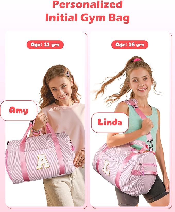 Teen Girls Birthday Gifts, Girl Gym Bag, Kids Initial Overnight Duffel Bags with Shoe Compartment, Personalized Travel Bag with Makeup Pouch, Gift for 3 4 5 6 7 Year Old Kid (Letter R)