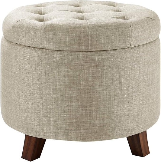Amazon Basics Round Storage Ottoman Foot Rest, Button Tufted Upholstered Footstool with Storage, Sturdy Linen Fabric for Living Room and Bedroom, 20" x 17", Beige