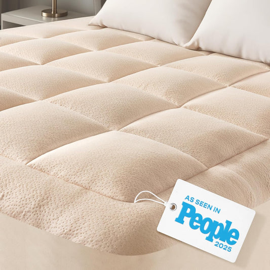 Skiennix Ultra Soft Queen Size Mattress Topper - Bamboo Viscose Pillow Top for Full Body Support - Naturally Cooling, Beige