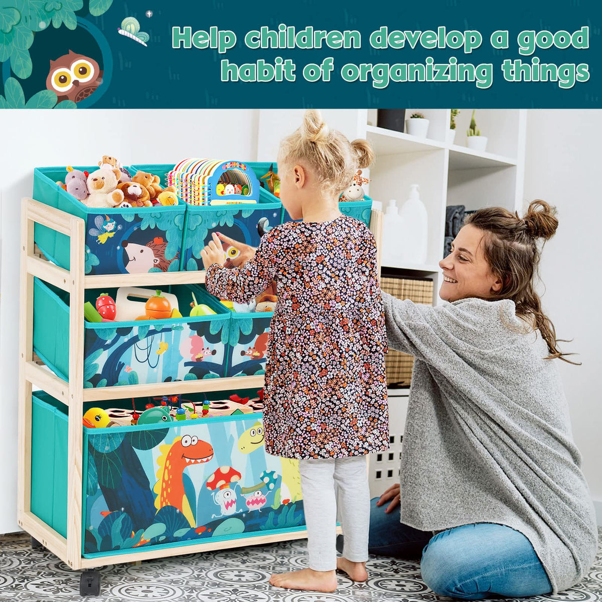Jomifin Kids Toy Storage Organizer with Wheels, Utility Rolling Cart with 6 Removable Storage Bins for Bedroom, Playroom, Nursery, Large Capacity Pine Wood Shelf Unit for Toys, Books, Blankets (Green)