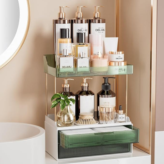 Delamu Bathroom Organizers and Storage, 2 Tier 2 Drawer Makeup Organizer Countertop, Easy to Install, Ideal for Bathroom Counter, Vanity, Ideal for Women Girls, Green