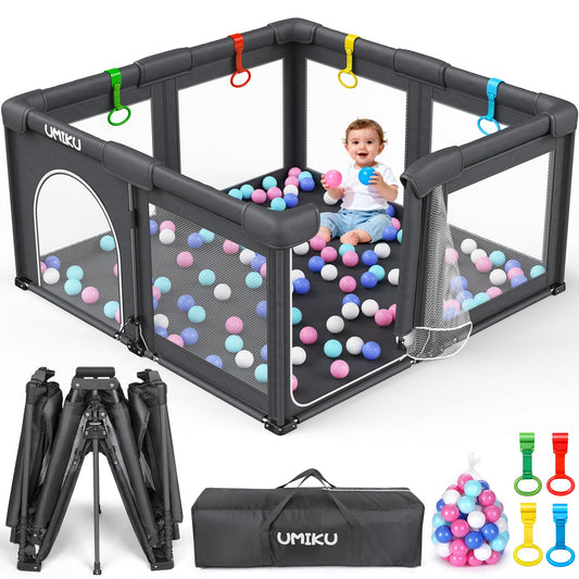 Baby Playpen Foldable Playpen for Babies and Toddlers, Large Playpens Portable Play Pen Play Yard for Kids Fence Indoor Outdoor Travel 4 Handlers 50 Balls Baby Gifts Essentials 50"X50" Dark Grey