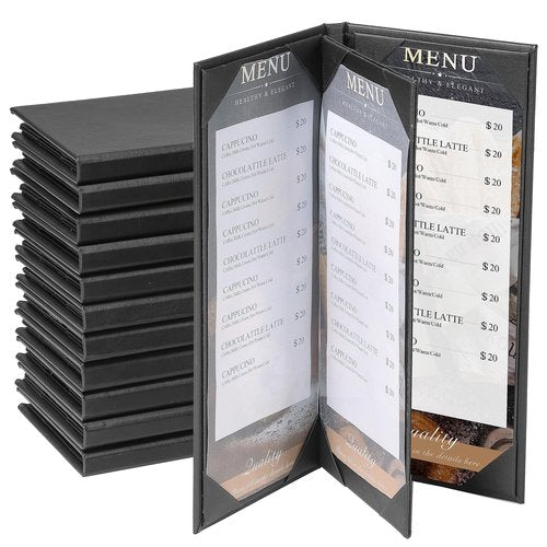 AMGSH 12 Pack 4 View Menu Holder Menu Covers 4.25" x 11" | Black Leather Menu Sleeves Book Style for Restaurant Coffee Bars Wine List