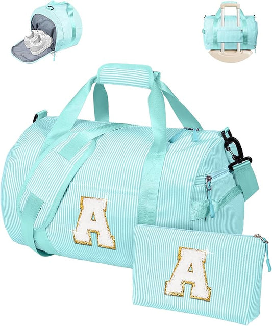 Gift for Teenager, Girl Gym Bag, Kids Initial Overnight Duffel Bags with Shoe Compartment, Personalized Travel Bag with Makeup Pouch, Fashion Stuff for Teen Girls (Letter A)