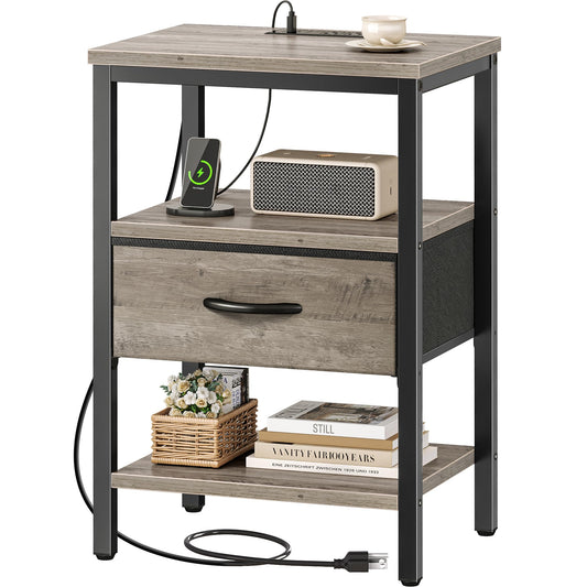 SUPERJARE Nightstand with Charging Station, Bed Side Table with Adjustable Fabric Drawer, Night Stand for Bedroom, 3-Tier Storage End Table, for Living Room, Oak