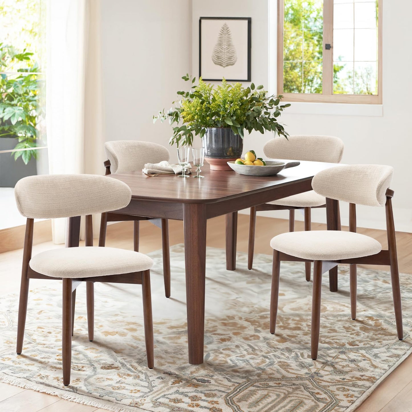 COLAMY Wooden Dining Chairs Set of 6, Modern Fabric Upholstered Dining Room Chair, Farmhouse Kitchen Side Chairs with Foot Pegs, Beige