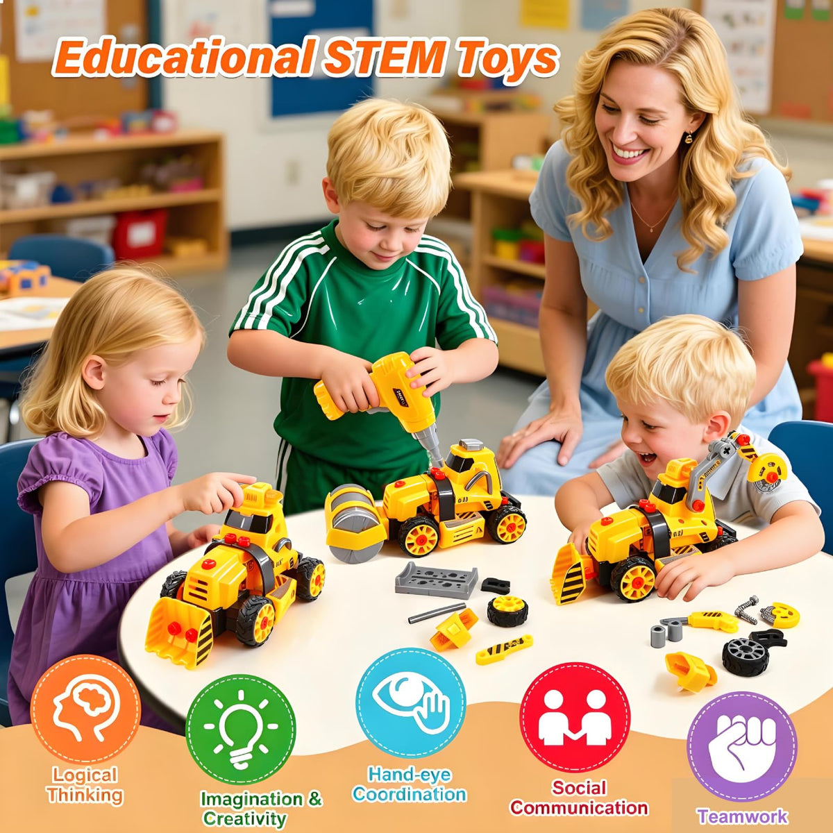 FLY2SKY Take Apart Toys for 3 4 5 6 7 8 Year Old Boys 9 in 3 Construction Toy with Electric Drill Take Apart Truck Set DIY Engineering Building Toy Push & Go STEM Toy Gift for Boys Toys Age 6-8