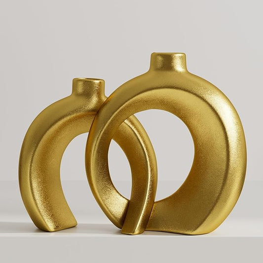 Set of 2 Gold Ceramic Vases for Home Decor Accents - Unique Hollow Donut Artistic Design Modern Art Deco Luxury Style Decorative Vases for Shelf, Mantel, Entryway Table Decor (Matte Gold)