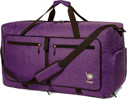 Bago Foldable Duffel Bags for Traveling Women & Men - 60L Medium Packable Duffle Bag for Travel with Shoe Compartment - Water Repellant, Heavy Duty, Lightweight Folding & Collapsible (SnowDepPurple)