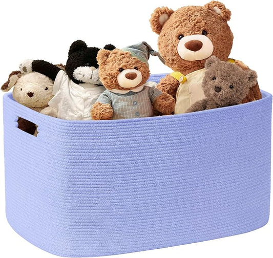 45L Small Baby Girls Laundry Basket for Nursery Storage,Cute Woven cotton Rope Baskets for Kids Toy，Gifts, Boho Square Wicker Blanket hamper for Living Room,Bedroom Dirty Clothes,Blue Purple