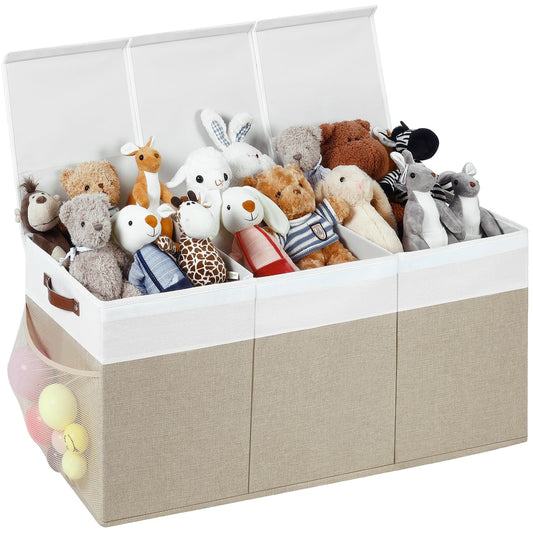 ISEMINGLA Extra Large Foldable Toy Chest with Lid,Collapsible Kids Toy Storage Box Organizer,Large Fabric Storage Bin for Nursery Playroom Bedroom Living Room,40”x18”x14”,White & Beige