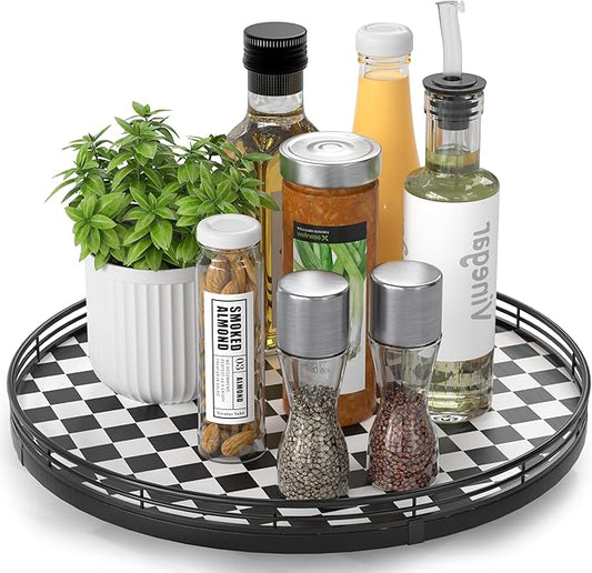 Black and White Kitchen Lazy Susan Turntable â Checkered Round Decorative Tray, 13â Table Top Oak Wood Lazy Susan for Cookies, Dining Table Organizer, Small Kitchen Table Centerpiece