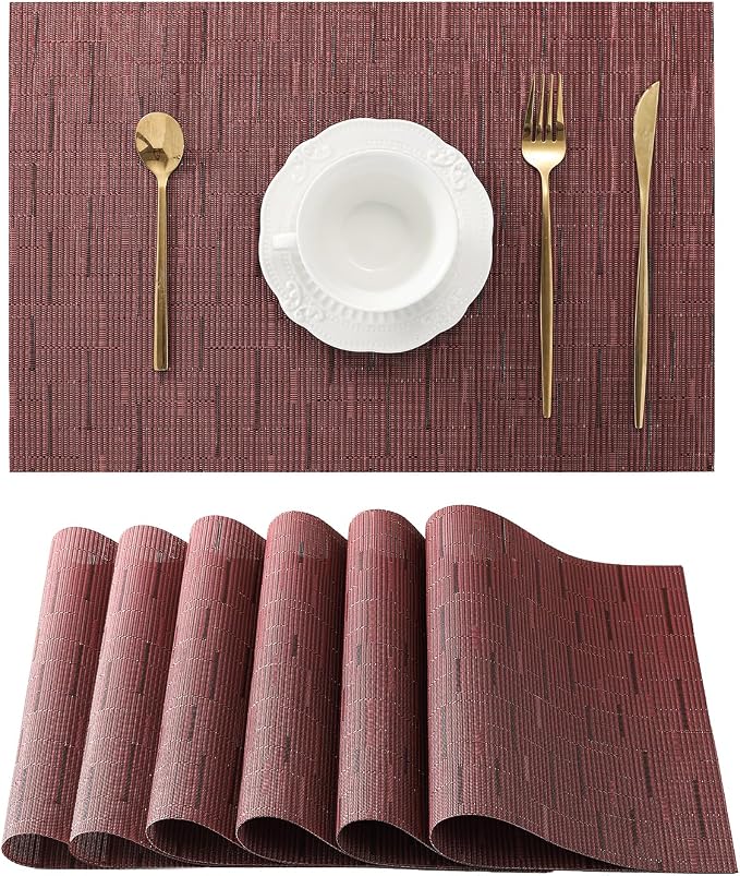 Leetaltree Burgundy Placemats Set of 6 - Heat Resistant Non-Slip Place mats for Dining Table, Washable Durable PVC Vinyl Woven Table Matsï¼Burgundy, 6ï¼