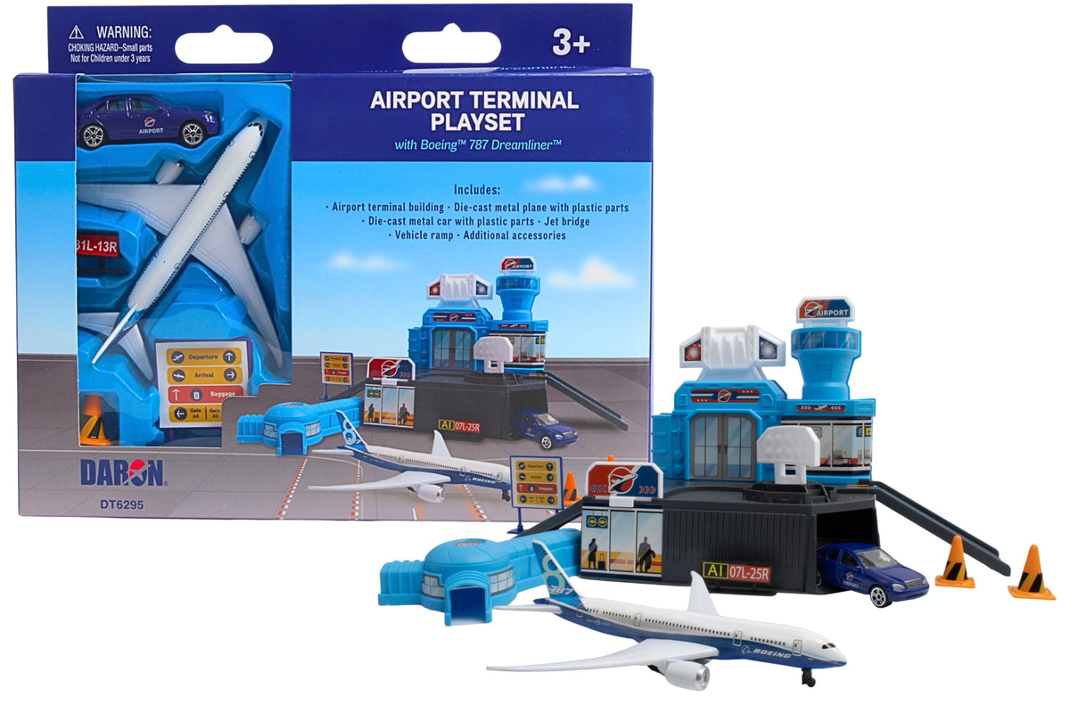 Daron Airport Building Playset with Boeing 787 Die-Cast Metal Airplane & Free-Wheeling Airport Car – Buildable Terminal with ATC Tower, Jet Bridge & Accessories, Construction Toy for Ages 3+