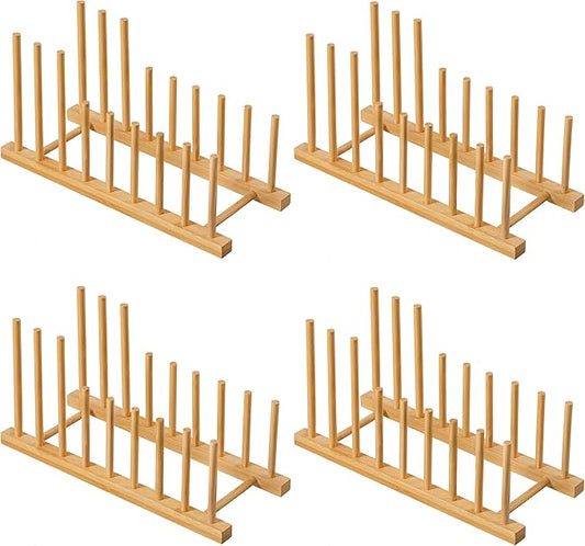 HBlife 4pcs Heighten and Widen Bamboo Dish Drying Rack Plate Bowl Cup Book Pot Lid Cutting Board Stand Drainer Storage Holder Organizer for Kitchen Cabinet