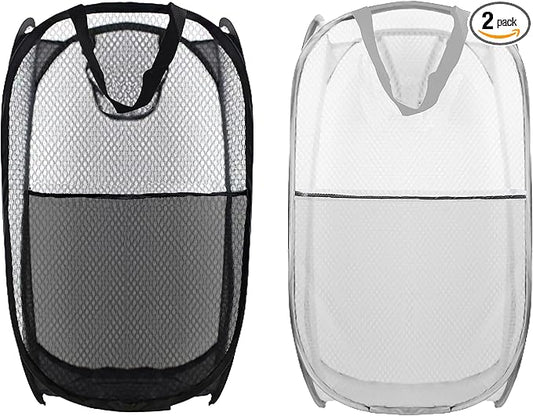 Collapsible Pop Up Laundry Hamper, Extra Large Mesh Foldable Laundry Basket, 28" x 16" x 16", 2 Pack (Black + Grey)