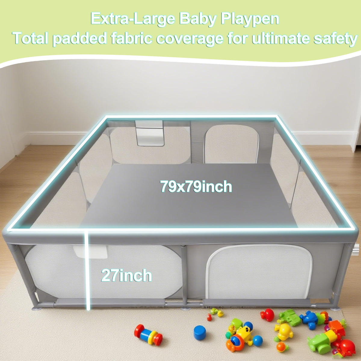 Baby Playpen 79"x79" Extra Large Play Pen for Babies and Toddlers, Safety Baby Play Yard & Fence with Dual Zipper Doors, Dual Storage Mesh Pockets, and Fully Transparent Sides
