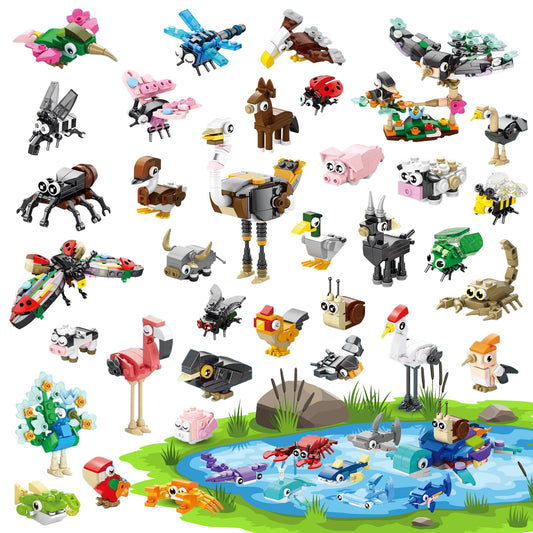 40 Packs Party Favors for Kids – 999+ PCS Animal Building Blocks, 4 Themes: Ocean Birds Insects Farm – DIY Toys for Boys Girls Ages 6-12, Goodie Bag Stuffers, Classroom Prizes, Easter Basket Stuffers