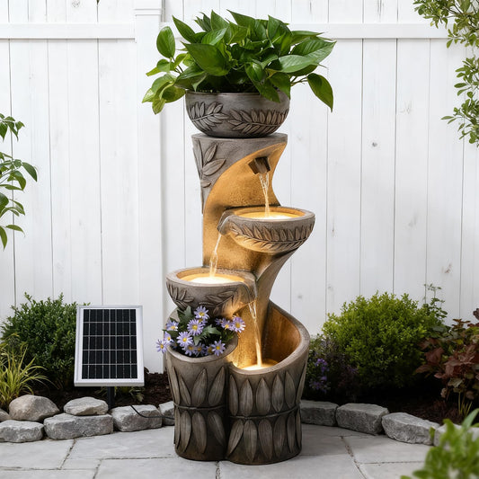 4 Tiered Solar Water Fountain Outdoor Garden, 35.6" Tall Cascading Bowl Leaf Carved Outdoor Waterfall Fountains Modern Water Feature with Dual Planters for Garden, Patio, Deck, Yard, Indoor Decor