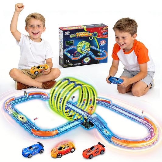 Glow Slot Car Race Track Set, 71 Pcs Glow-in-The-Dark Track Toy for Kids Ages 3-8, Electric Speed Car Light-Up Whole Tracks, 360° Magic Triple Loops, 1:64 Scale Pull-Back Cars, Toy Gift for Boys Girls