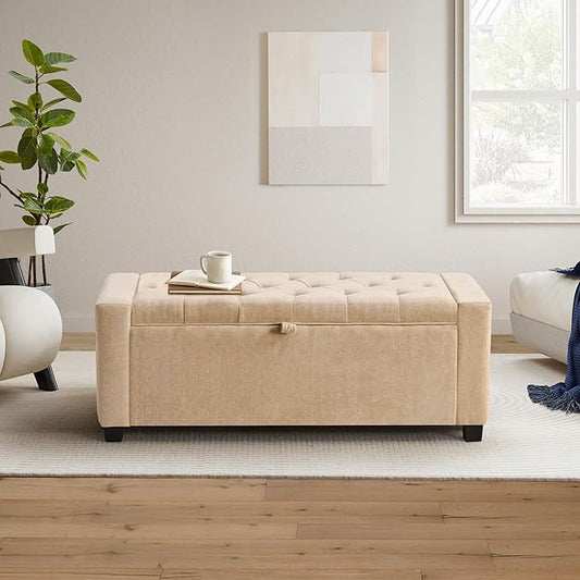GRAINELL Storage Ottoman Bench, Upholstered Tufted Bedroom Bench with Storage, End of Bed Storage Bench for Living Room & Entryway, 350 lb Capacity, Linen flaxen