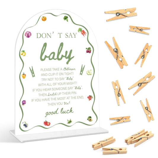 Baby Shower Games - Locally Grown Don't Say Baby Clothespin Game, 1 Sign and 50 Mini Clothespins, Gender Reveal Game, Farmers Market Baby Shower Decoration Supplies (ARI07)