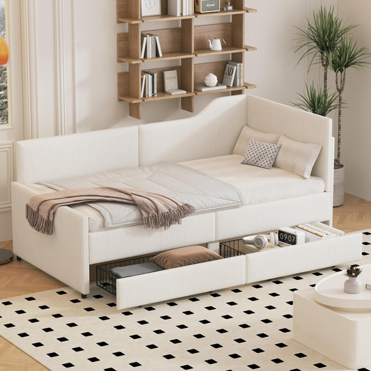 Ball & Cast Twin Size Upholstered Daybed with 2 Storage Drawers,Corduroy Bedframe w/Slat Support, Corner Sofa Bed for Bedroom, Guestroom,No Box Spring Needed,Beige