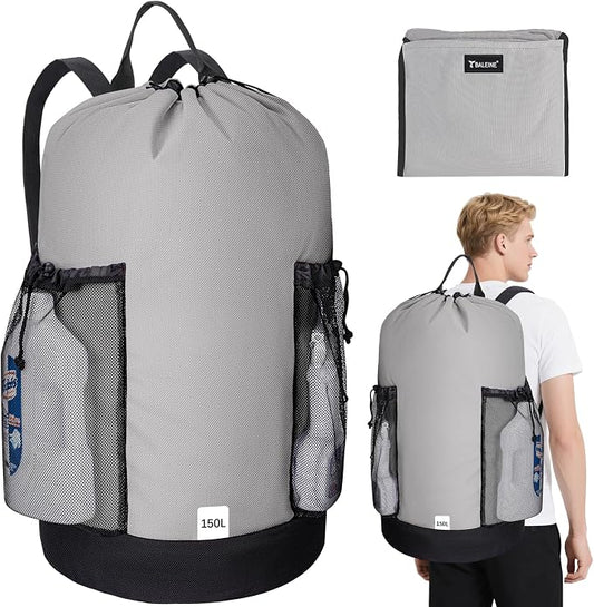 BALEINE 2PK 150L Laundry Bag Backpack, 900D Oxford Fabric Large Travel Laundry Bags with Shoulder Straps and 2 Mesh Pockets for College Dorm, Apartment, Laundromat (Gray, 150L)