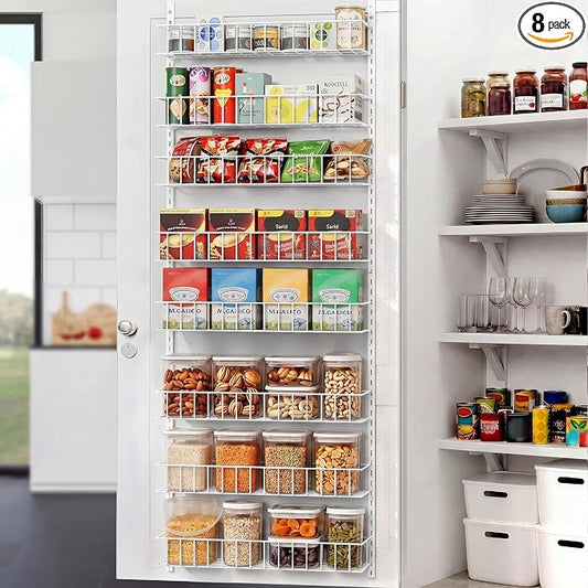 ElegantArray 8-Tier Pantry Door Oragnizer, Over The Door Pantry Organizer Rack and Storage, Hanging Spice Rack Shelves Door, Home Office Laundry Room Bathroom & Kitchen Organization, White
