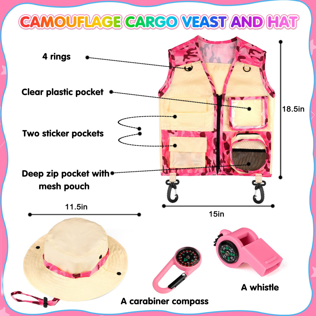 INNOCHEER Kids Explorer Kit & Bug Catcher Kit & Safari Costume Kit, Outdoor Exploration Set with Hat, Vest, Butterfly Net and Bugs Book for Boys Girls 3-12 Years Old (Camouflage Pink)