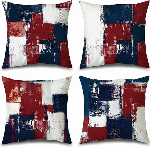 4 Pack Modern Abstract Throw Pillow Covers 18x18 Inches, Red White and Blue Decorative Cushion Covers for Sofa Couch, American Flag Inspired Patriotic Decor for July 4th Independence Day