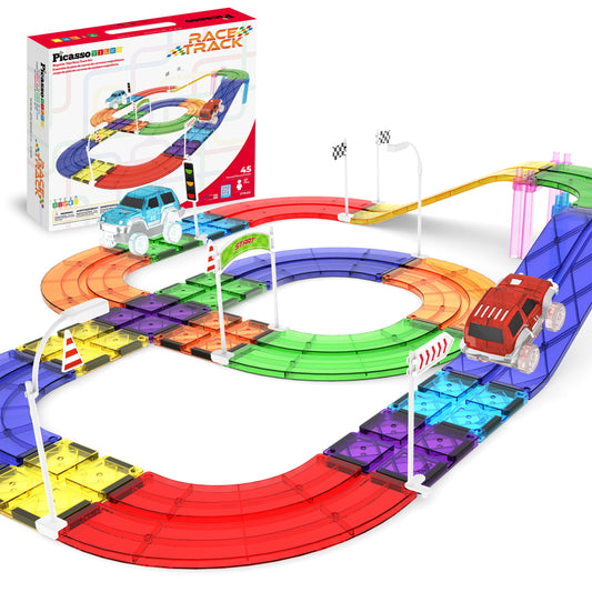 PicassoTiles 45pc Magnetic Tiles Race Track Set With 2 Racing Cars Plus Traffic Accessory Kit STEM Educational Learning Construction Building Magnet Tile Toy For Toddlers Boys Girls Kids Age 3+ PTR451