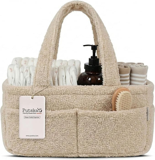 PUTSKA Baby Diaper Caddy Organizer for Changing Table – Stylish Nursery Storage Basket, Newborn Essentials, Baby Shower Gifts and Registry Must-Haves for Boy or Girl, Car Diaper Caddy, Fleece Cream