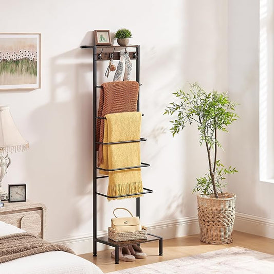 DGWJSU 7 Tier Blanket Ladder for The Living Room and Bedroom, 5.12 Ft Farmhouse Ladder Shelf with 2-Tier Storage Rack, Decorative Ladder with 4 Coat Hooks, Blanket Rack,Ladder Shelves