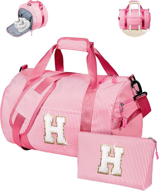 Gifts for Teenage Girls, Girl Gym Bag, Kids Initial Overnight Duffel Bags with Shoe Compartment, Personalized Travel Bag with Makeup Pouch, Cheer Gift for Daughter Sister Niece (Letter H)