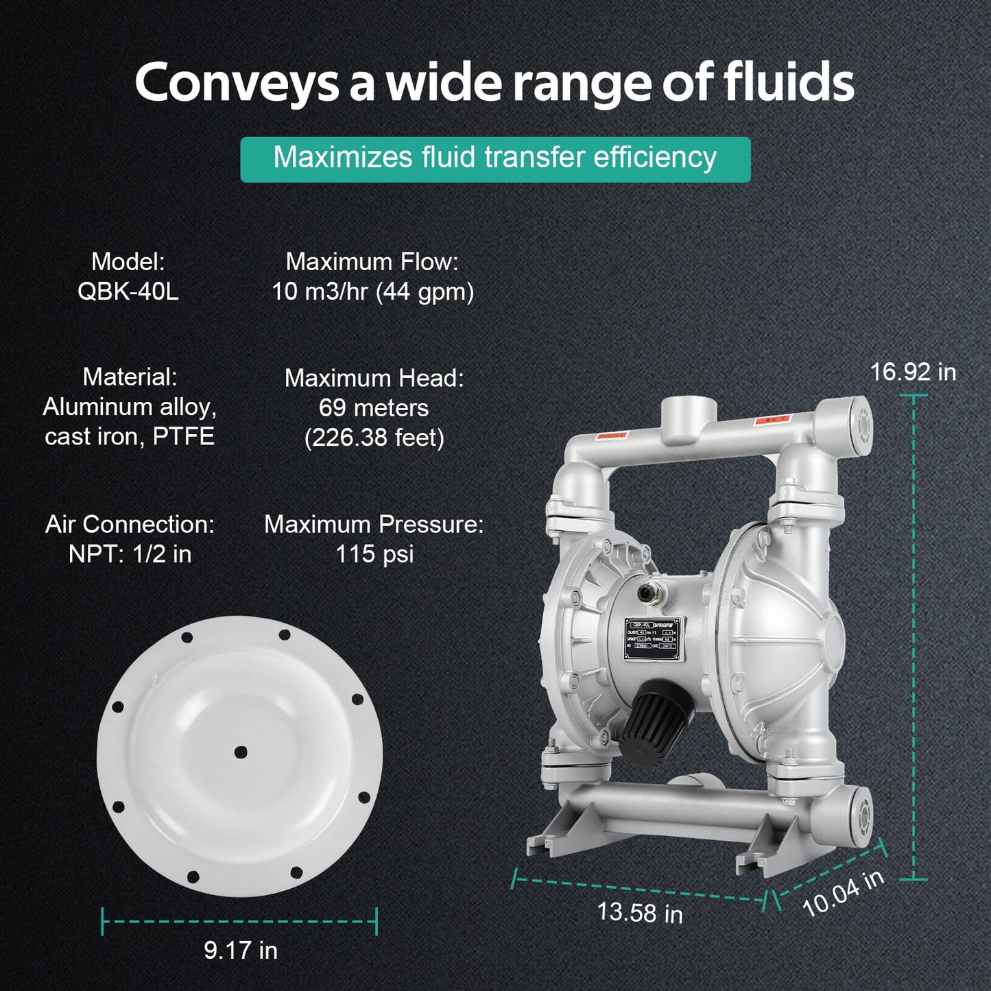 Air Operated Double Diaphragm Pump 1-1/2 inch Inlet & Outlet, 44GPM, Max 115PSI Air Waste Oil Pneumatic Transfer Pump with 2 Extra Diaphragms,Air Diaphragm Pump Aluminum Alloy, QBK_40L