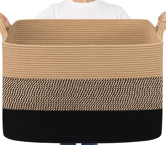 Goodpick 105L Extra Large Blanket Basket 25" x 16" x 16" Cotton Rope Storage Baskets for Organizing, Wicker Laundry Basket with Handles, Rectangle Woven Baskets for Storage, Black & Jute