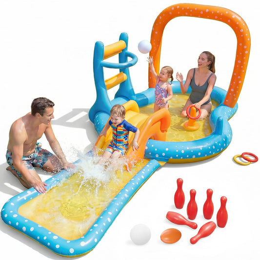 Inflatable Kiddie Pool with Dual Slides, Kids Splash Pool Play Center with Water Slide & Slip Slide, Outdoor Backyard Water Toy for Toddlers