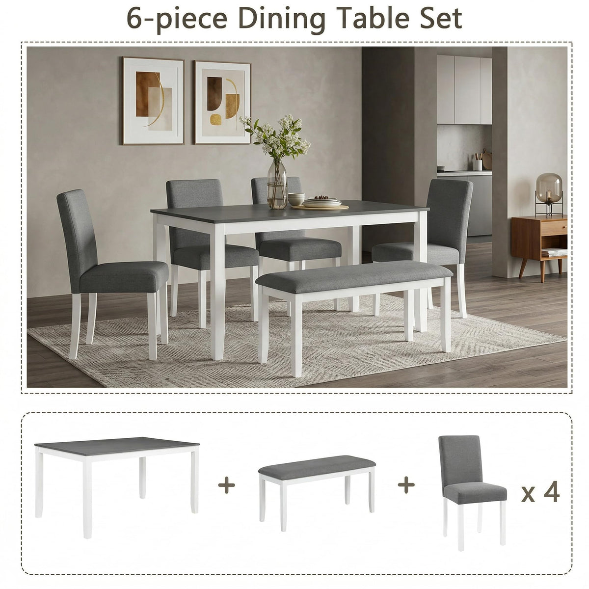 Casaphoria 6-Piece Dining Table Set with Bench and 4 Upholstered Chairs, Modern Wood Kitchen Table Set for 6, Grey & White Two-Tone Furniture for Dining Room, Small Spaces, Family Breakfast & Parties