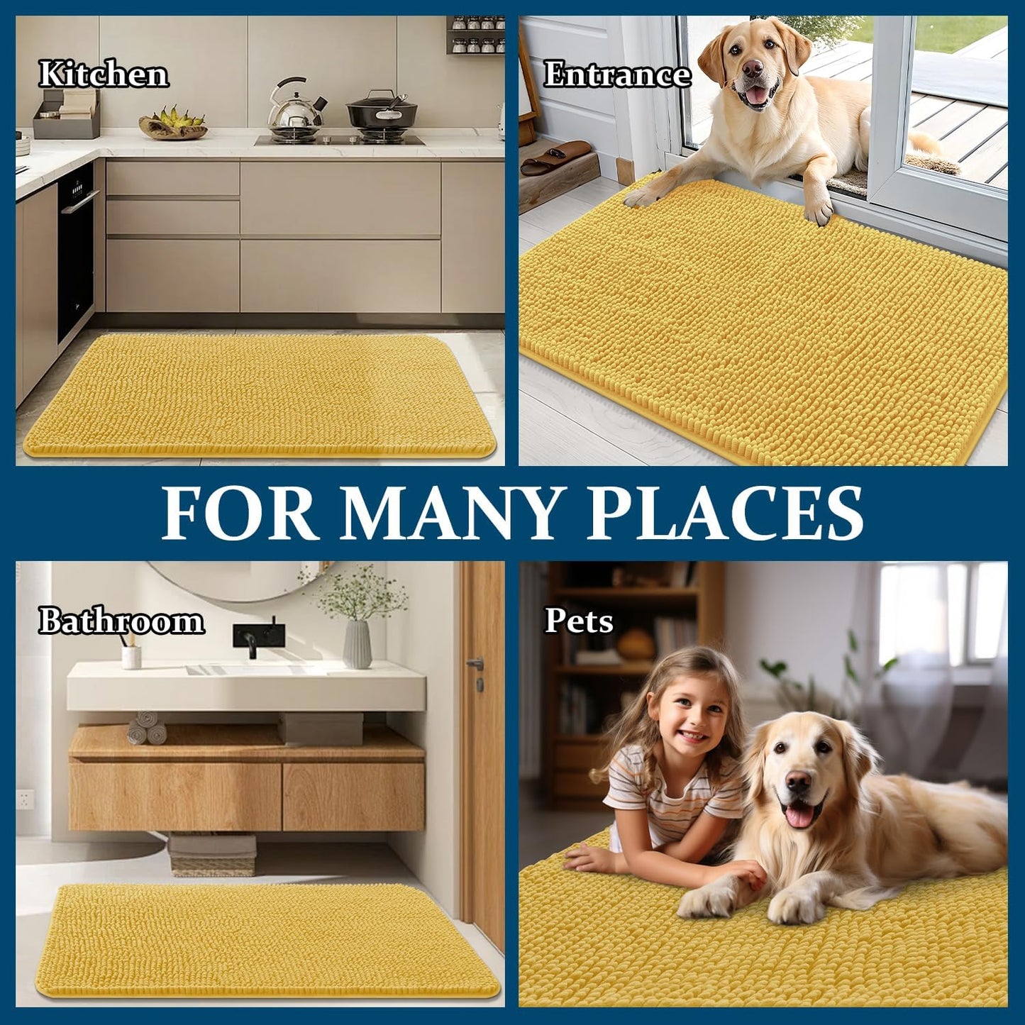 OLANLY Dog Door Mat - Absorbent Non-Slip Chenille Mat for Muddy Paws | 54x24 Inches, Quick Dry, Yellow