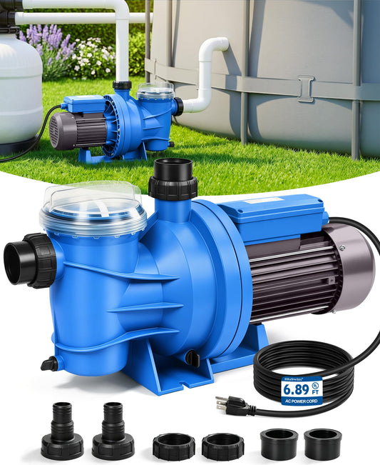 BluSwim 1.5 HP Self-Priming Pool Pump, Max 6060GPH High Flow & 52FT Head Lift Energy Efficient in/Above Ground Pool Pump, w/ 1.25"/1.5"/2" Hose Fittings, Boost Water Circulation & Filtration