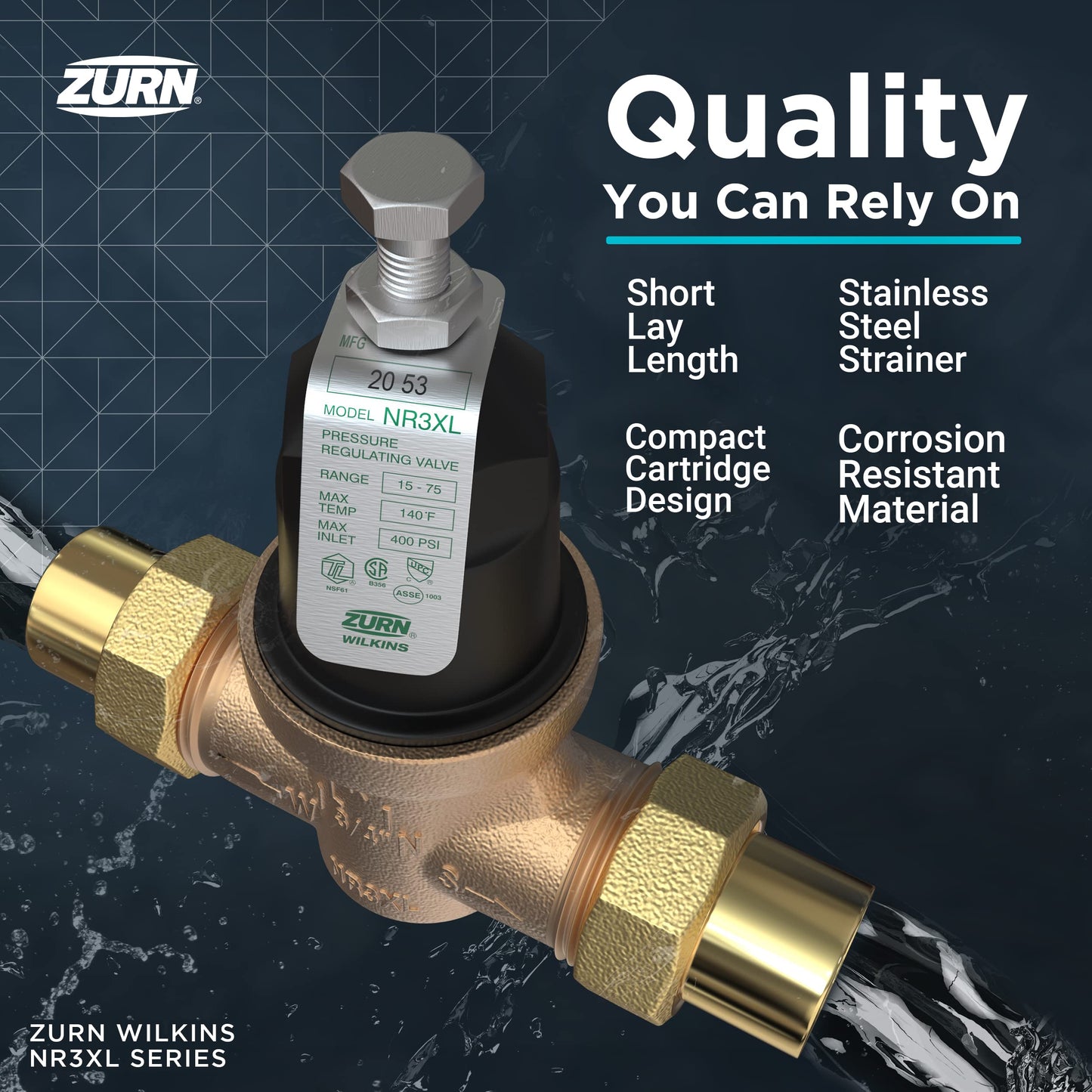 Zurn Wilkins 3/4" NR3XL Water Pressure Reducing Valve Integral By-pass Check Vlv & Strainer High Range, Sealed Cage, Double Union